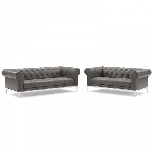 Idyll Tufted Upholstered Leather Sofa and Loveseat Set, Gray