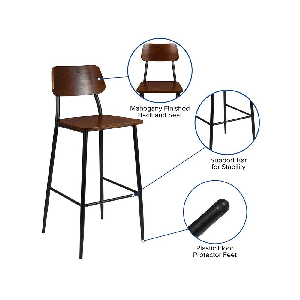 Industrial Barstool with Gunmetal Steel Frame and Rustic Wood Seat