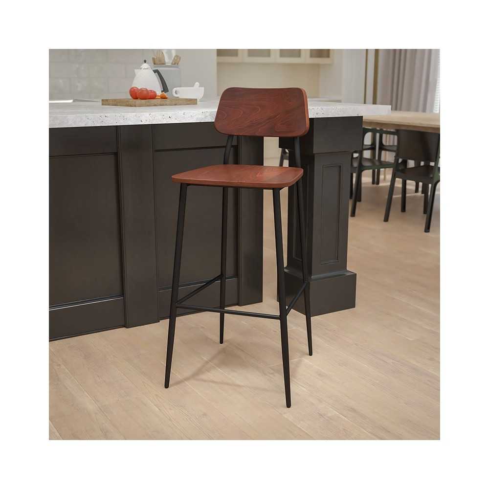 Industrial Barstool with Gunmetal Steel Frame and Rustic Wood Seat