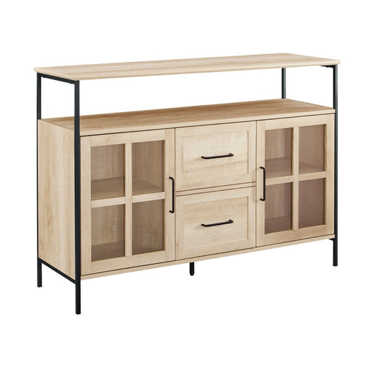 Industrial Farmhouse 2 Tier Glass Door Metal and Wood Buffet - White Oak