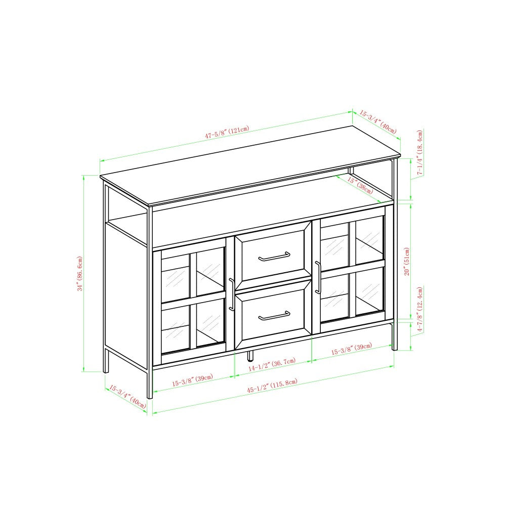 Industrial Farmhouse 2 Tier Glass Door Metal and Wood Buffet - White Oak