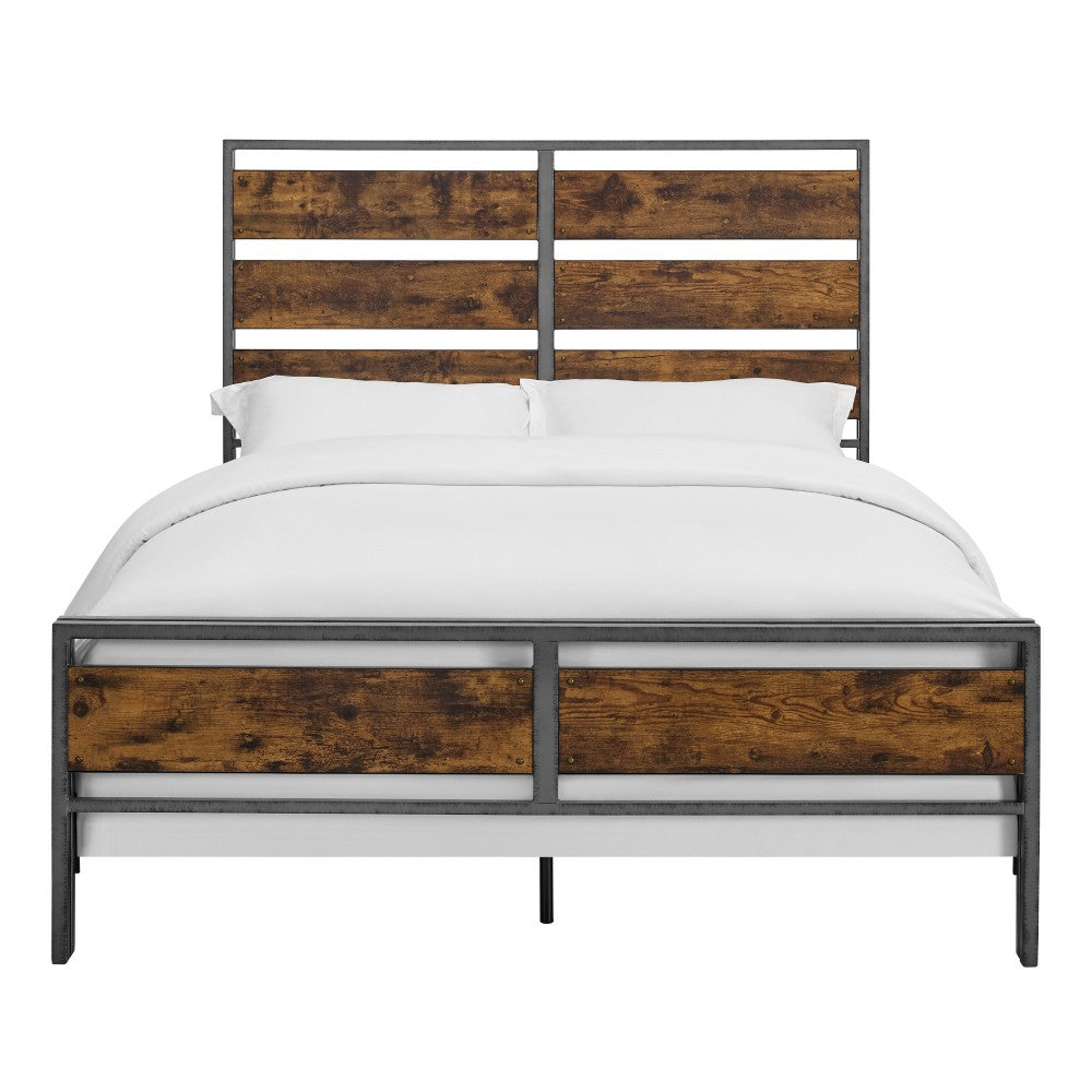 Industrial Queen Size Metal and Wood Plank Bed - Brown