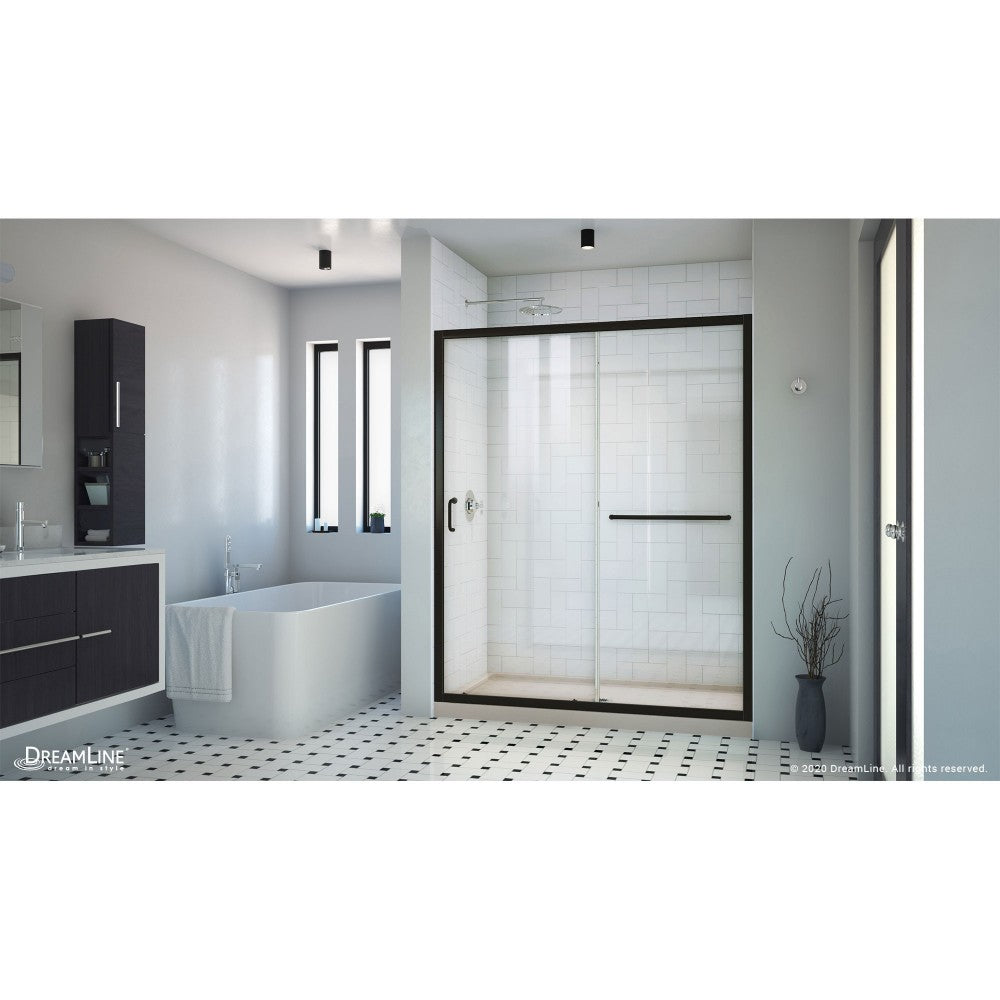 Infinity-Z 30 in. D x 60 in. W x 74 3/4 in. H Clear Sliding Shower Door in Satin Black, Center Drain Biscuit Base