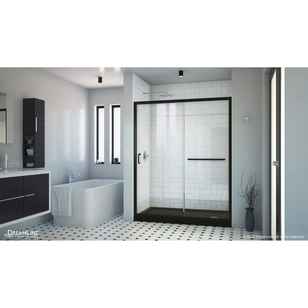 Infinity-Z 30 in. D x 60 in. W x 74 3/4 in. H Clear Sliding Shower Door in Satin Black, Right Drain Black Base
