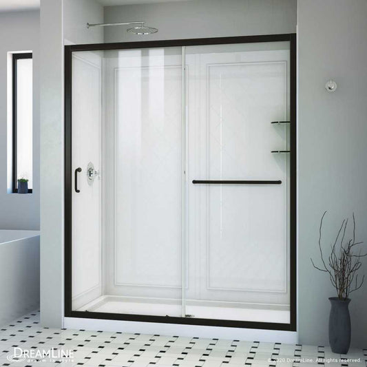 Infinity-Z 30 in. D x 60 in. W x 76 3/4 in. H Clear Sliding Shower Door in Satin Black, Center Drain and Backwalls