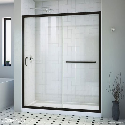 Infinity-Z 32 in. D x 60 in. W x 74 3/4 in. H Clear Sliding Shower Door in Satin Black, Left Drain White Base