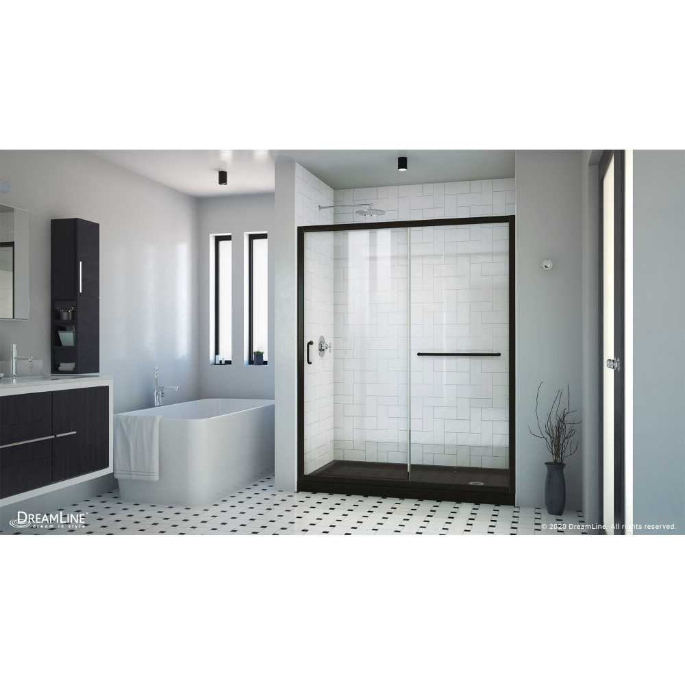Infinity-Z 32 in. D x 60 in. W x 74 3/4 in. H Clear Sliding Shower Door in Satin Black, Right Drain Black Base
