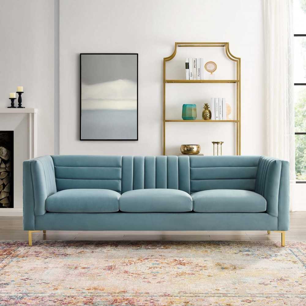 Ingenuity Channel Tufted Performance Velvet Sofa, Light Blue