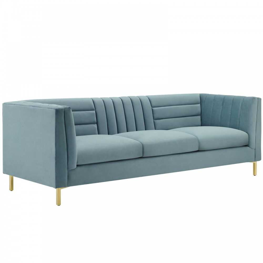 Ingenuity Channel Tufted Performance Velvet Sofa, Light Blue