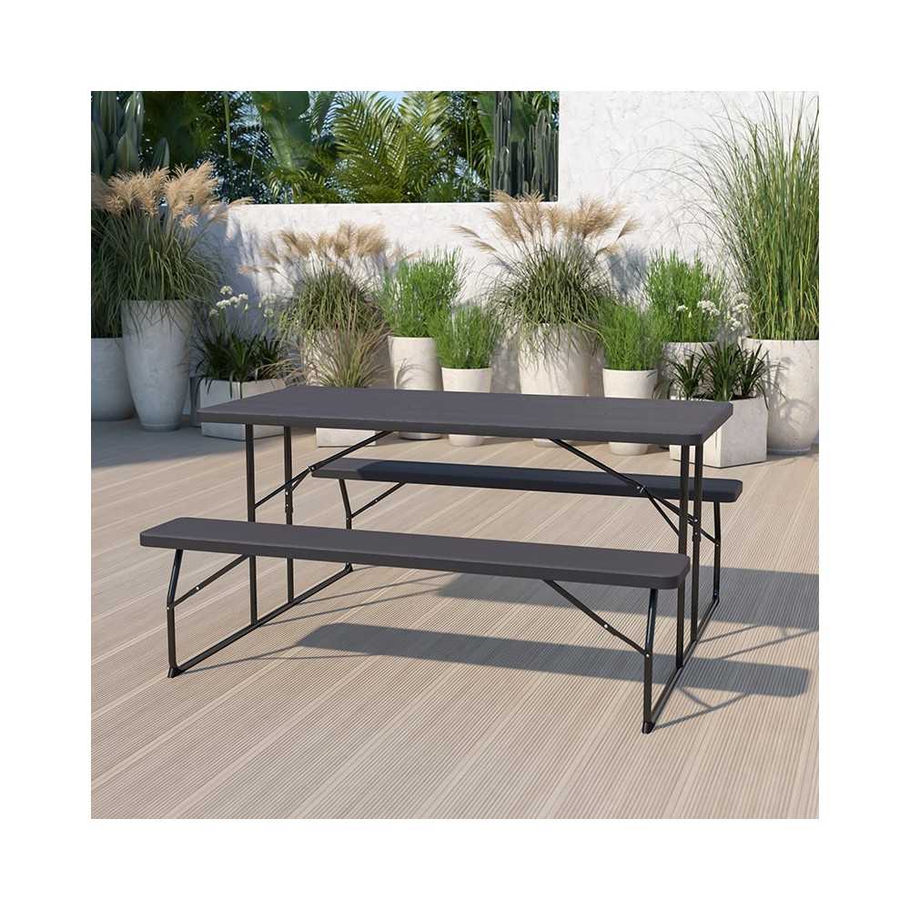 Insta-Fold Charcoal Wood Grain Folding Picnic Table and Benches