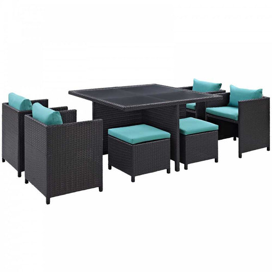 Inverse 9 Piece Outdoor Patio Dining Set, Espresso Turquoise