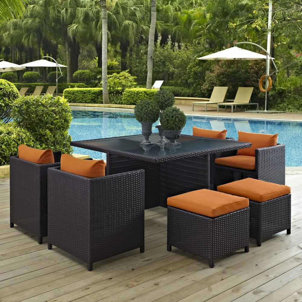 Inverse 9 Piece Outdoor Patio Dining Set, Espresso Orange