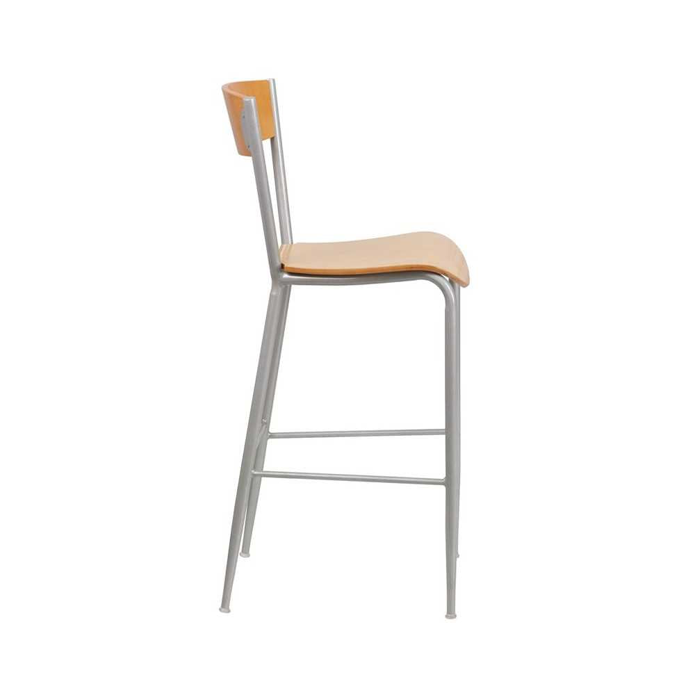 Invincible Series Silver Metal Restaurant Barstool - Natural Wood Back & Seat