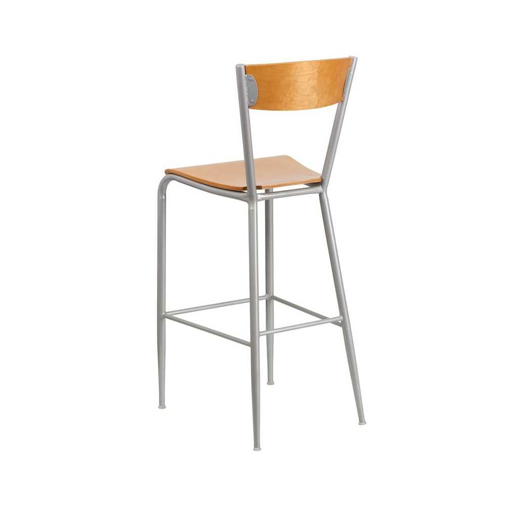 Invincible Series Silver Metal Restaurant Barstool - Natural Wood Back & Seat