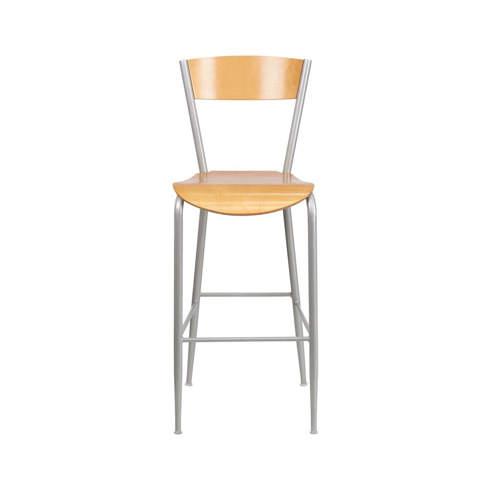 Invincible Series Silver Metal Restaurant Barstool - Natural Wood Back & Seat