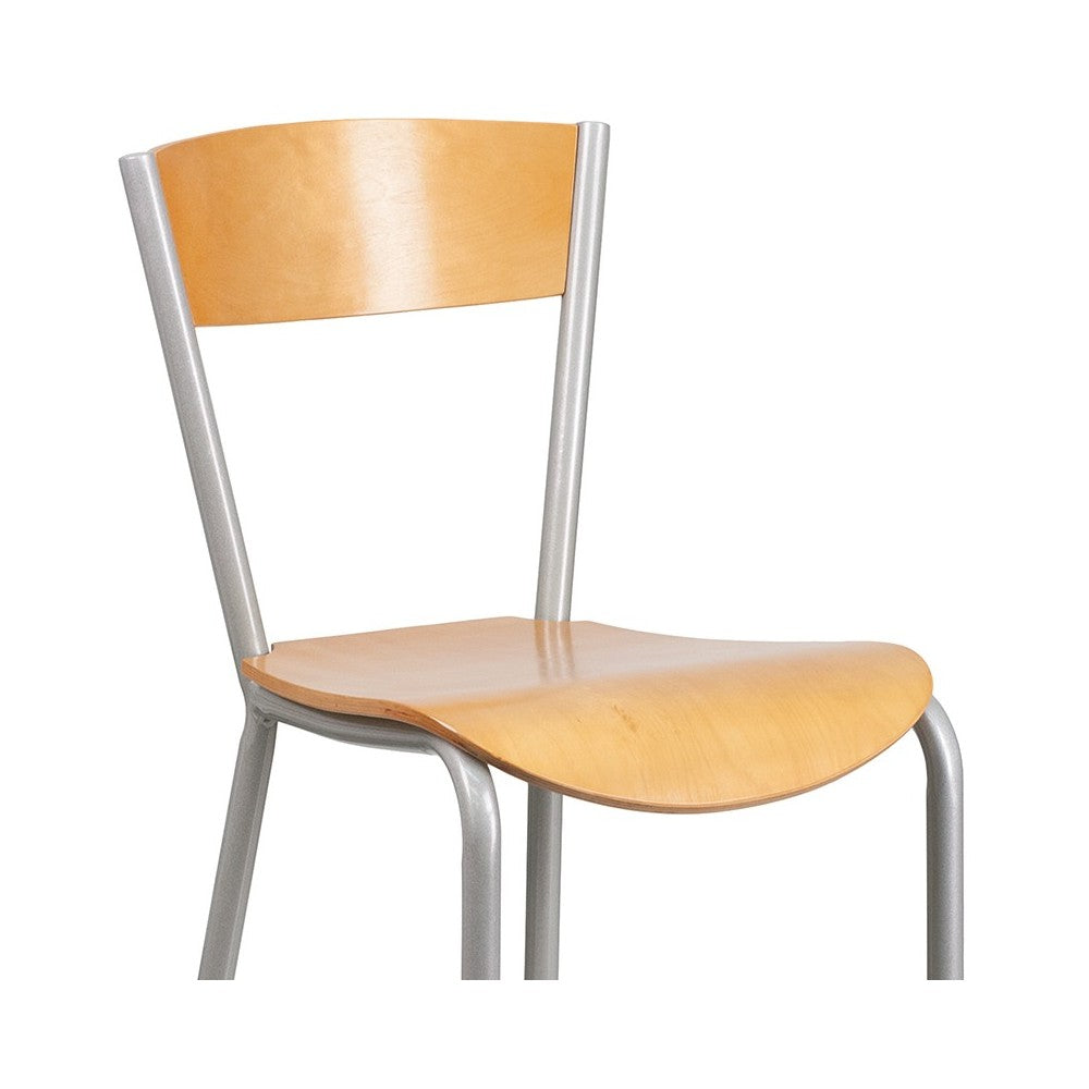 Invincible Series Silver Metal Restaurant Barstool - Natural Wood Back & Seat