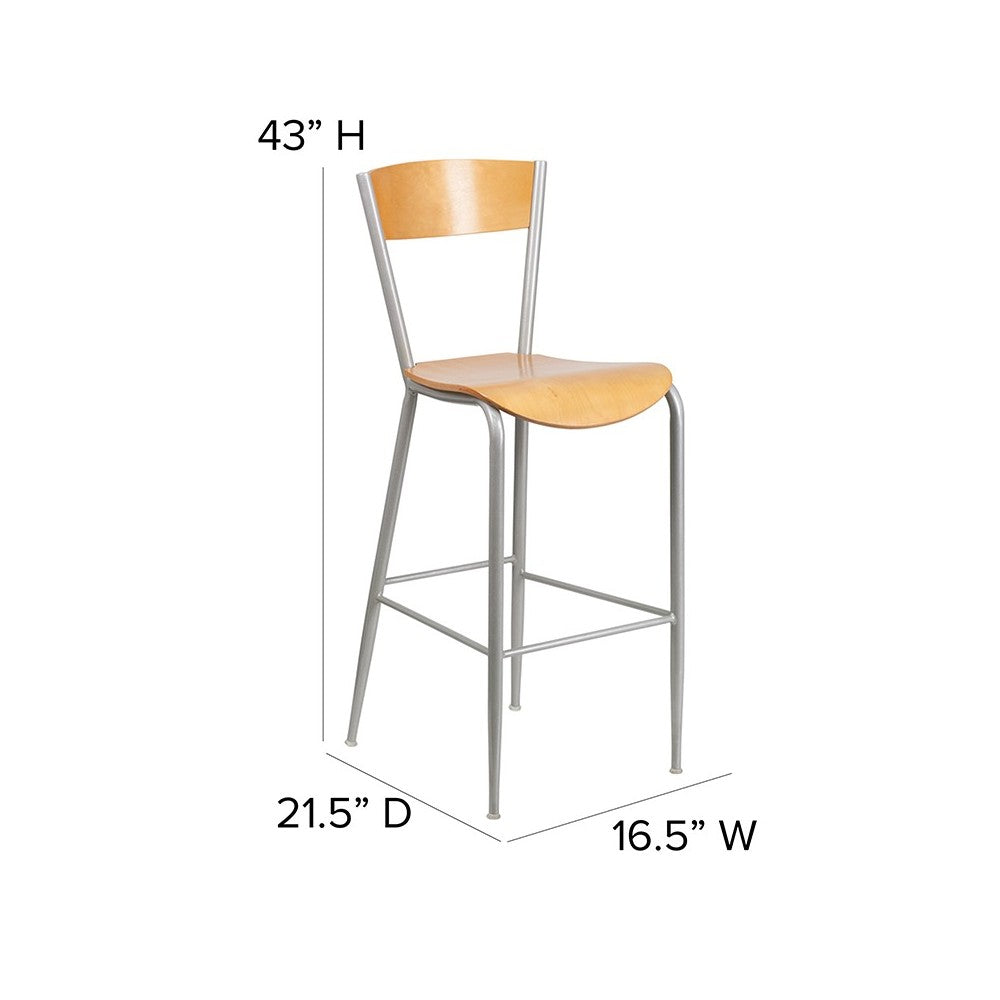 Invincible Series Silver Metal Restaurant Barstool - Natural Wood Back & Seat