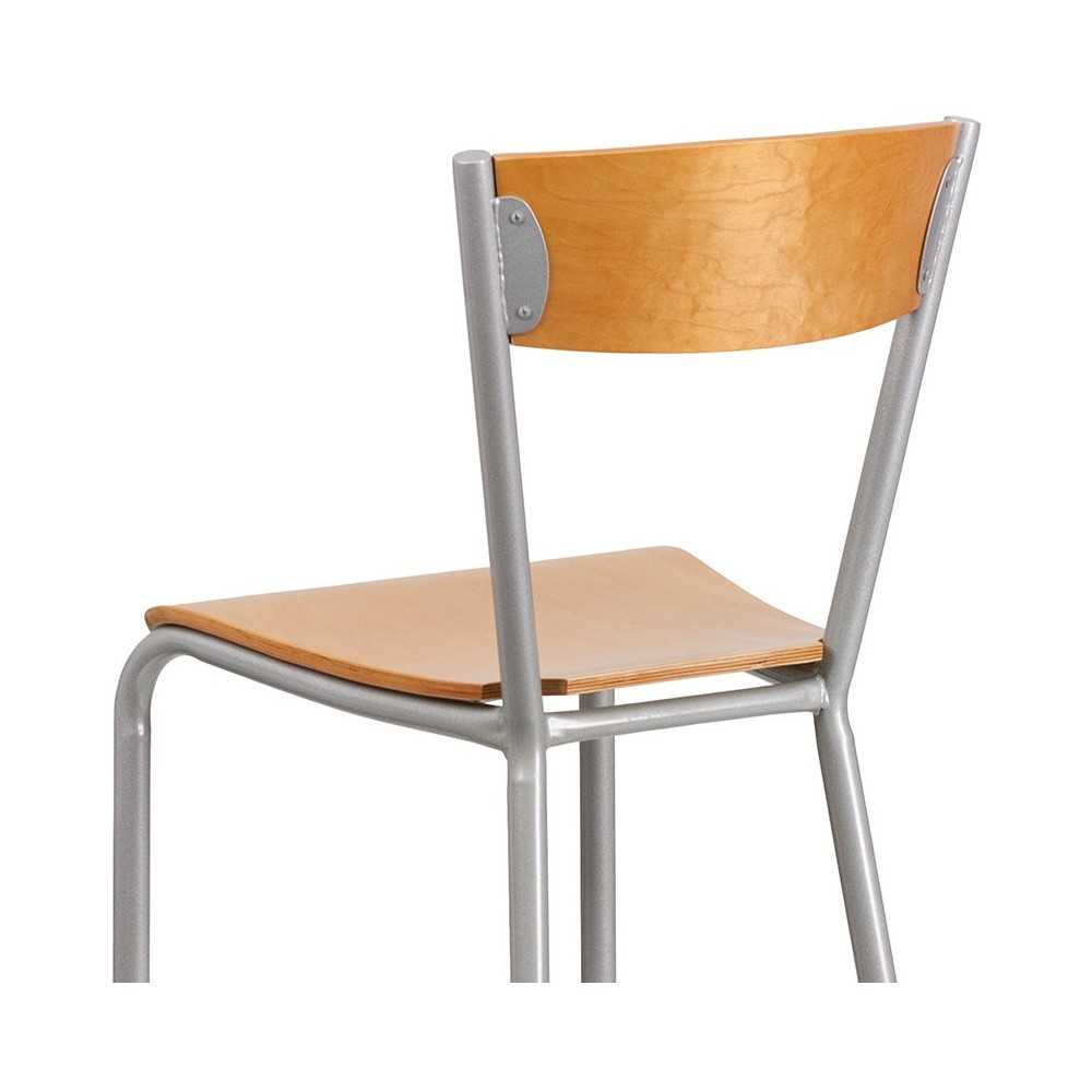 Invincible Series Silver Metal Restaurant Barstool - Natural Wood Back & Seat