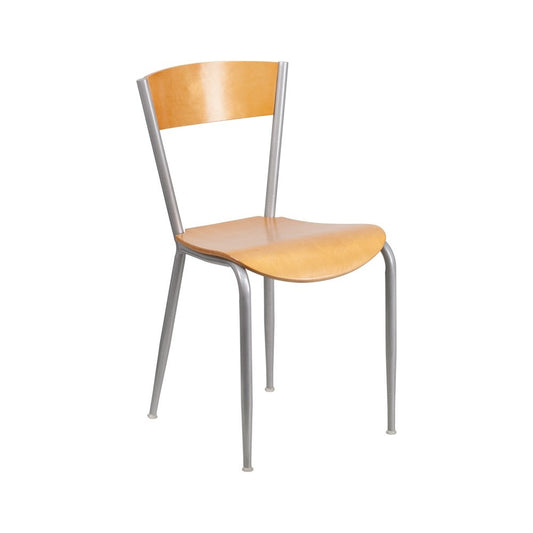 Invincible Series Silver Metal Restaurant Chair - Natural Wood Back & Seat