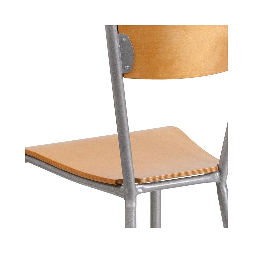 Invincible Series Silver Metal Restaurant Chair - Natural Wood Back & Seat