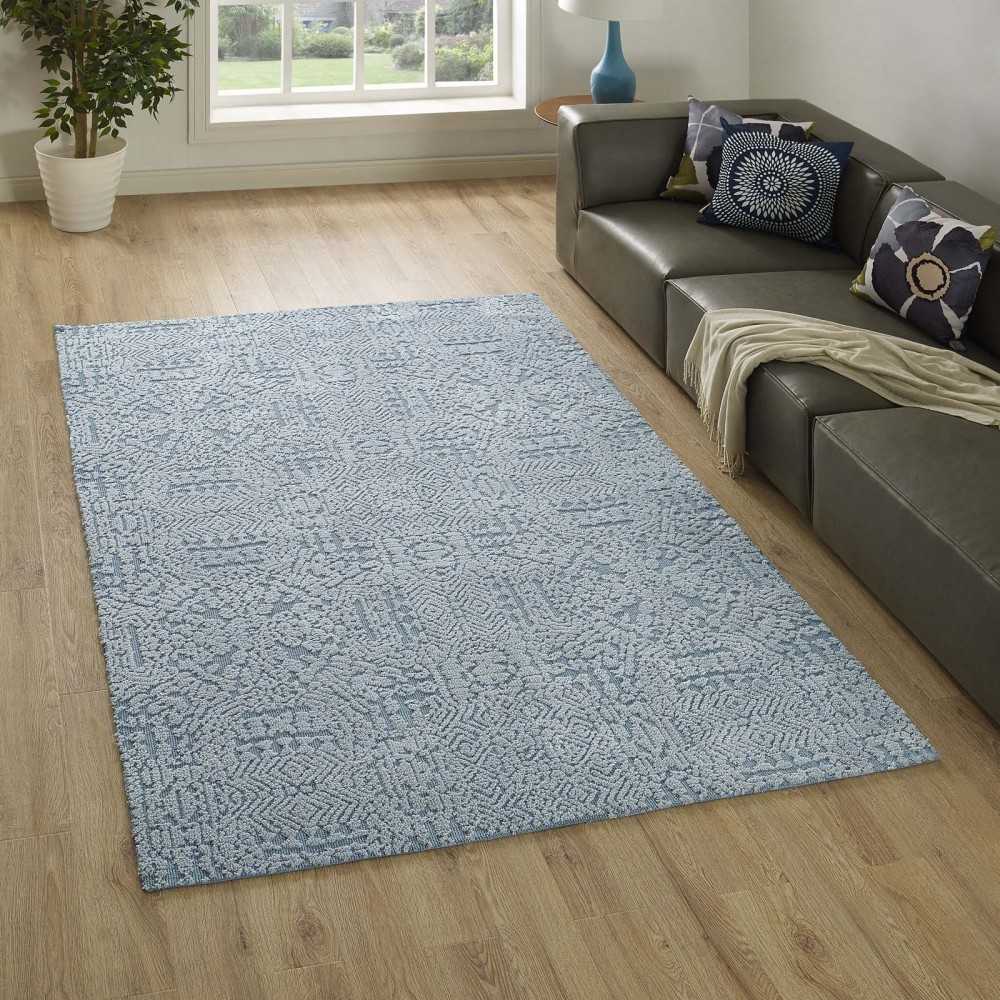 Javiera Contemporary Moroccan 5x8 Area Rug, Ivory and Light Blue
