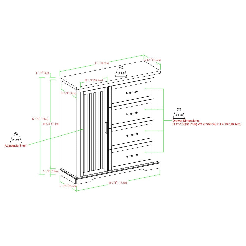 Jolene 45" 4 Drawer Grooved Wardrobe - Birch