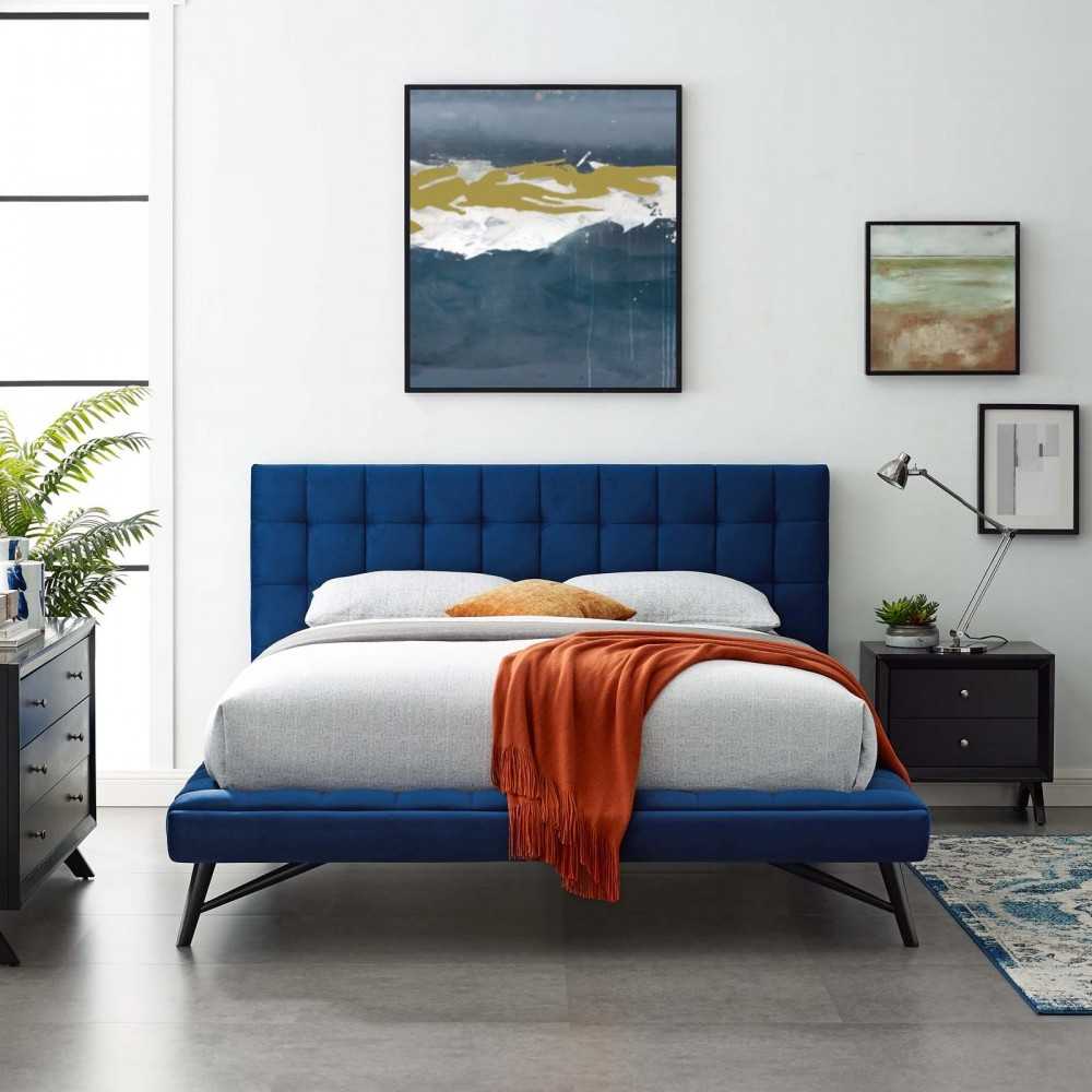 Julia Queen Biscuit Tufted Performance Velvet Platform Bed, Navy