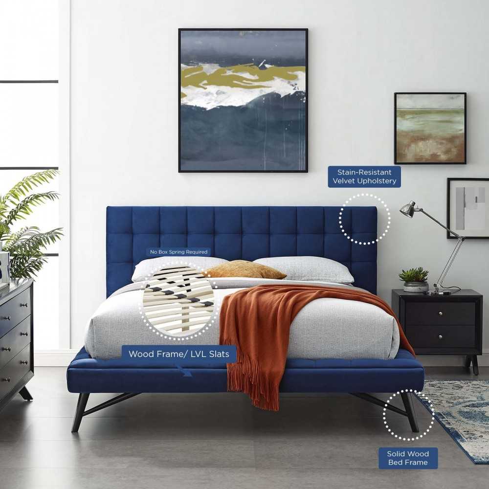 Julia Queen Biscuit Tufted Performance Velvet Platform Bed, Navy