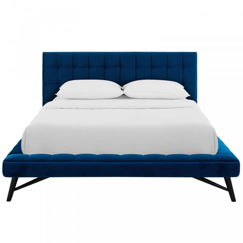 Julia Queen Biscuit Tufted Performance Velvet Platform Bed, Navy
