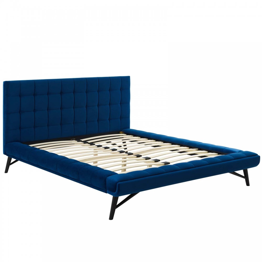 Julia Queen Biscuit Tufted Performance Velvet Platform Bed, Navy