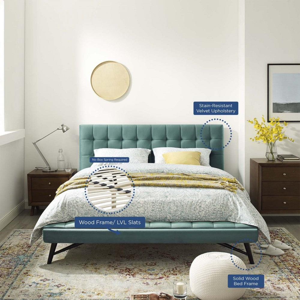 Julia Queen Biscuit Tufted Performance Velvet Platform Bed, Teal