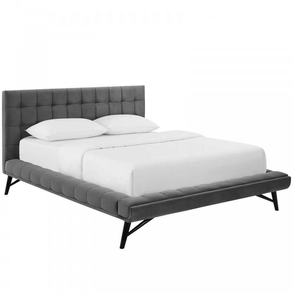 Julia Queen Biscuit Tufted Performance Velvet Platform Bed, Gray