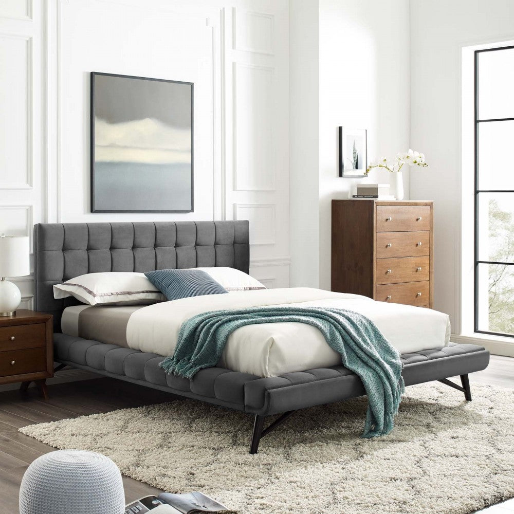 Julia Queen Biscuit Tufted Performance Velvet Platform Bed, Gray
