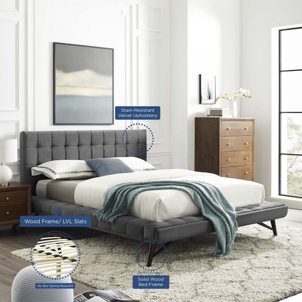 Julia Queen Biscuit Tufted Performance Velvet Platform Bed, Gray