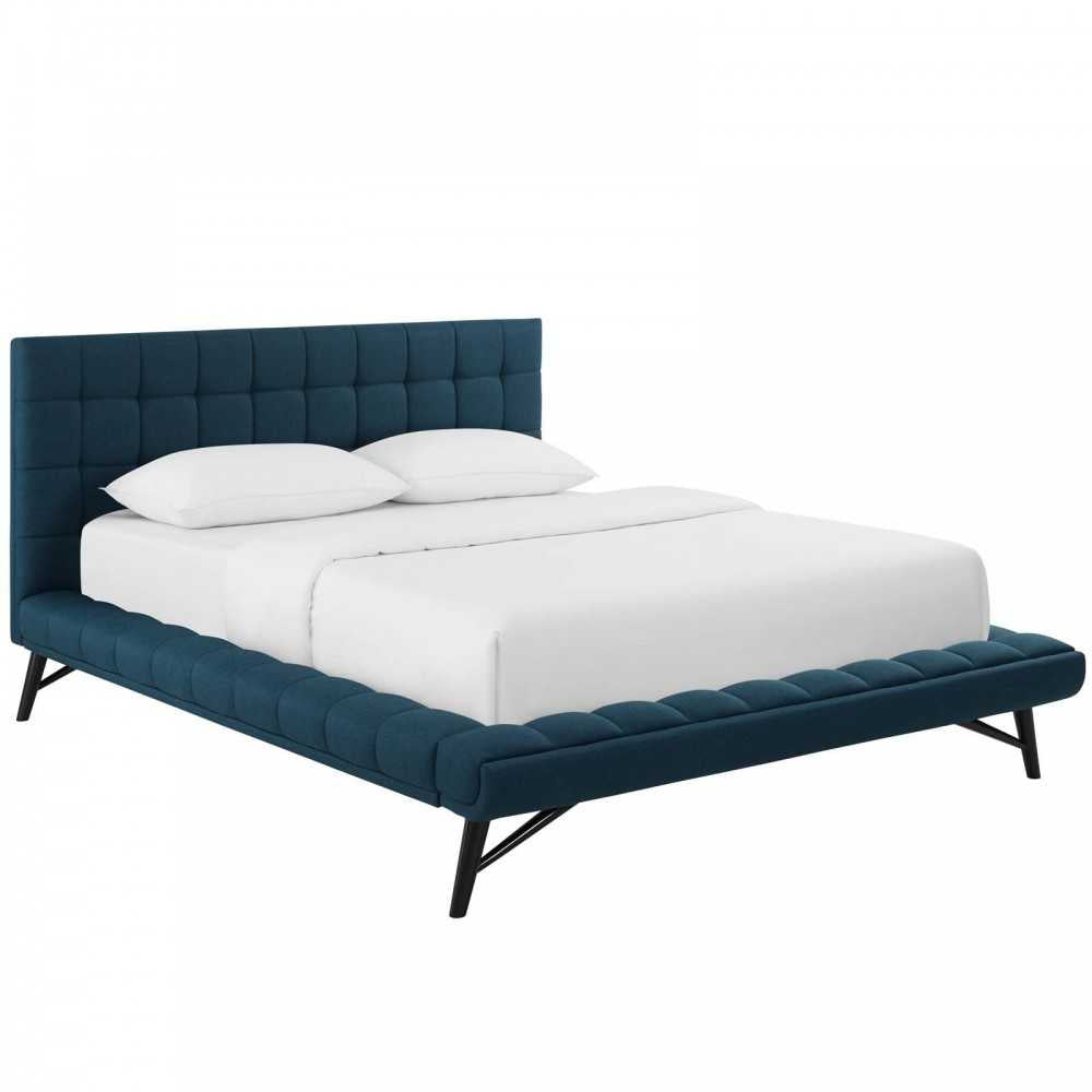 Julia Queen Biscuit Tufted Upholstered Fabric Platform Bed, Blue
