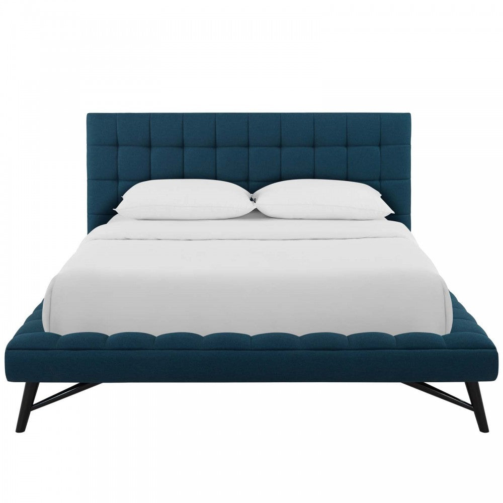 Julia Queen Biscuit Tufted Upholstered Fabric Platform Bed, Blue