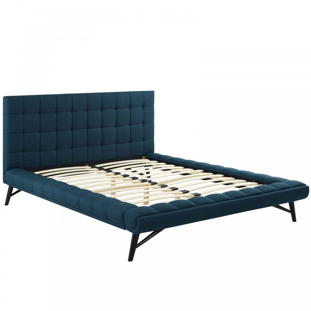 Julia Queen Biscuit Tufted Upholstered Fabric Platform Bed, Blue