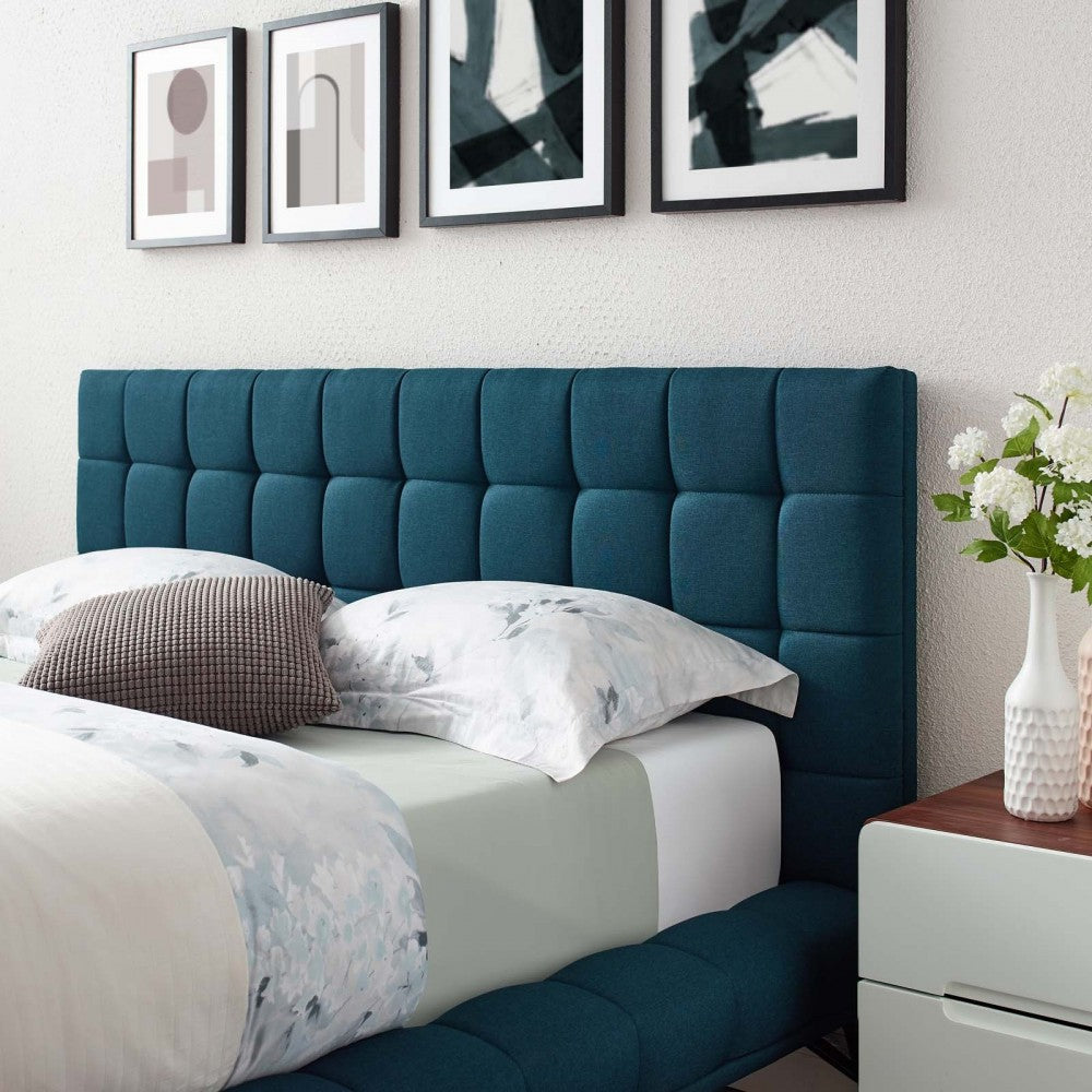 Julia Queen Biscuit Tufted Upholstered Fabric Platform Bed, Blue