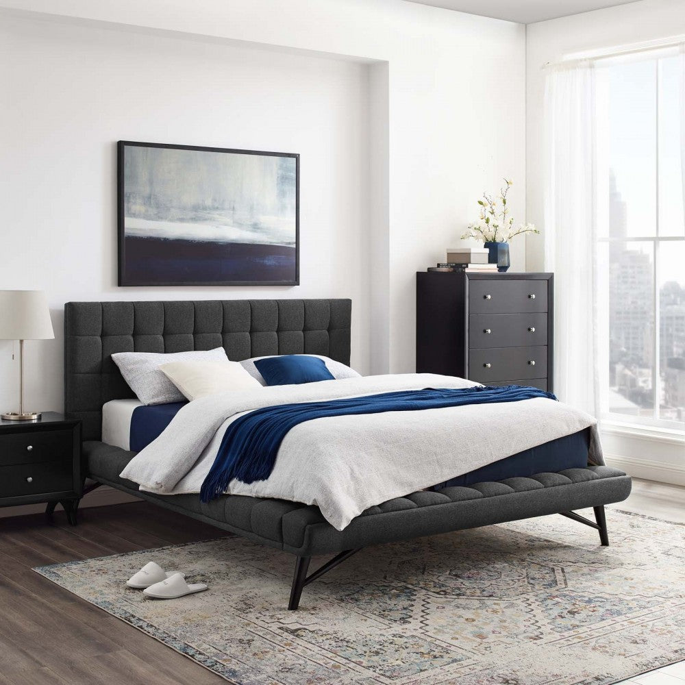 Julia Queen Biscuit Tufted Upholstered Fabric Platform Bed, Gray
