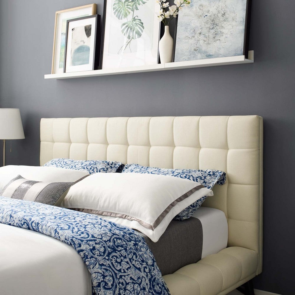 Julia Queen Biscuit Tufted Upholstered Fabric Platform Bed, Ivory