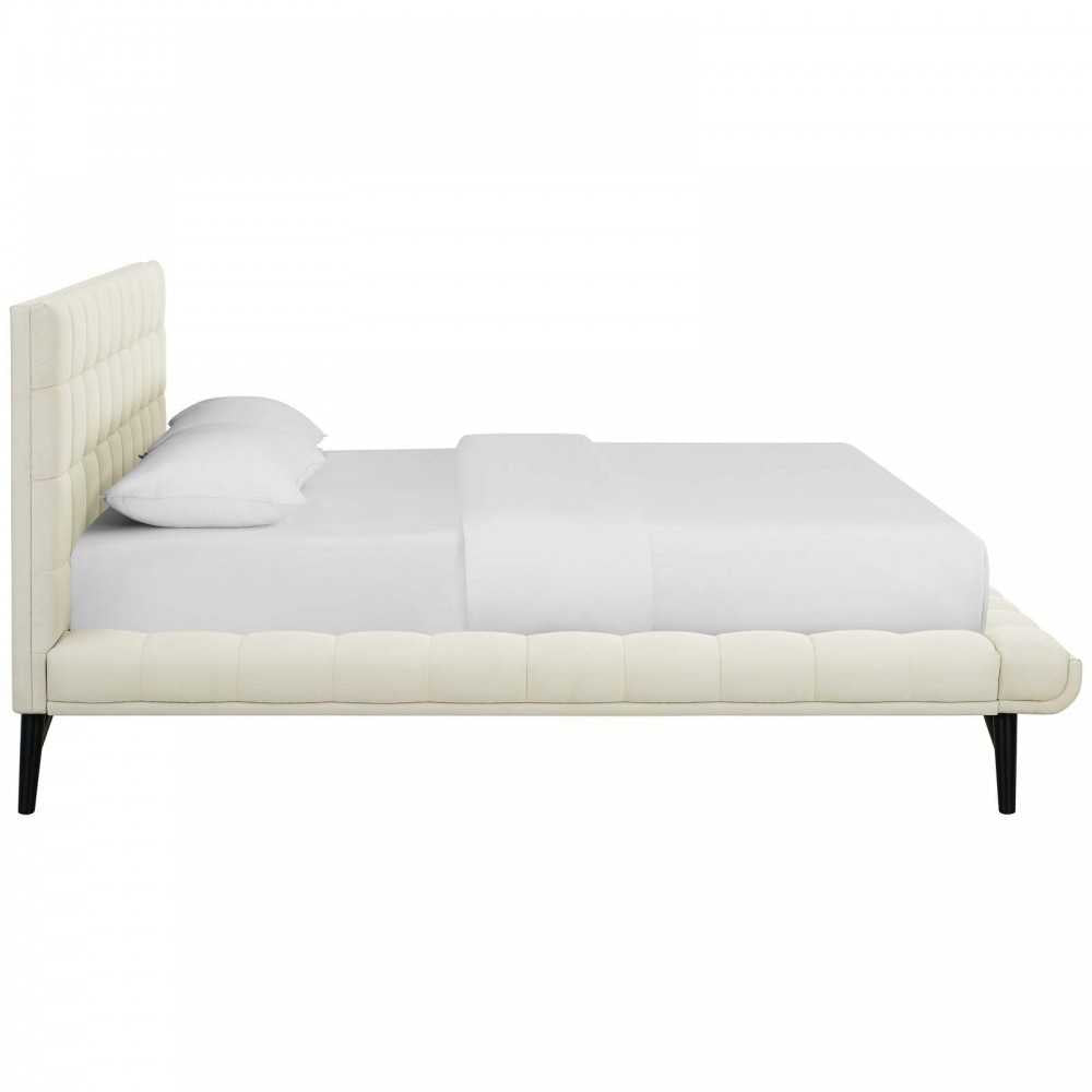 Julia Queen Biscuit Tufted Upholstered Fabric Platform Bed, Ivory
