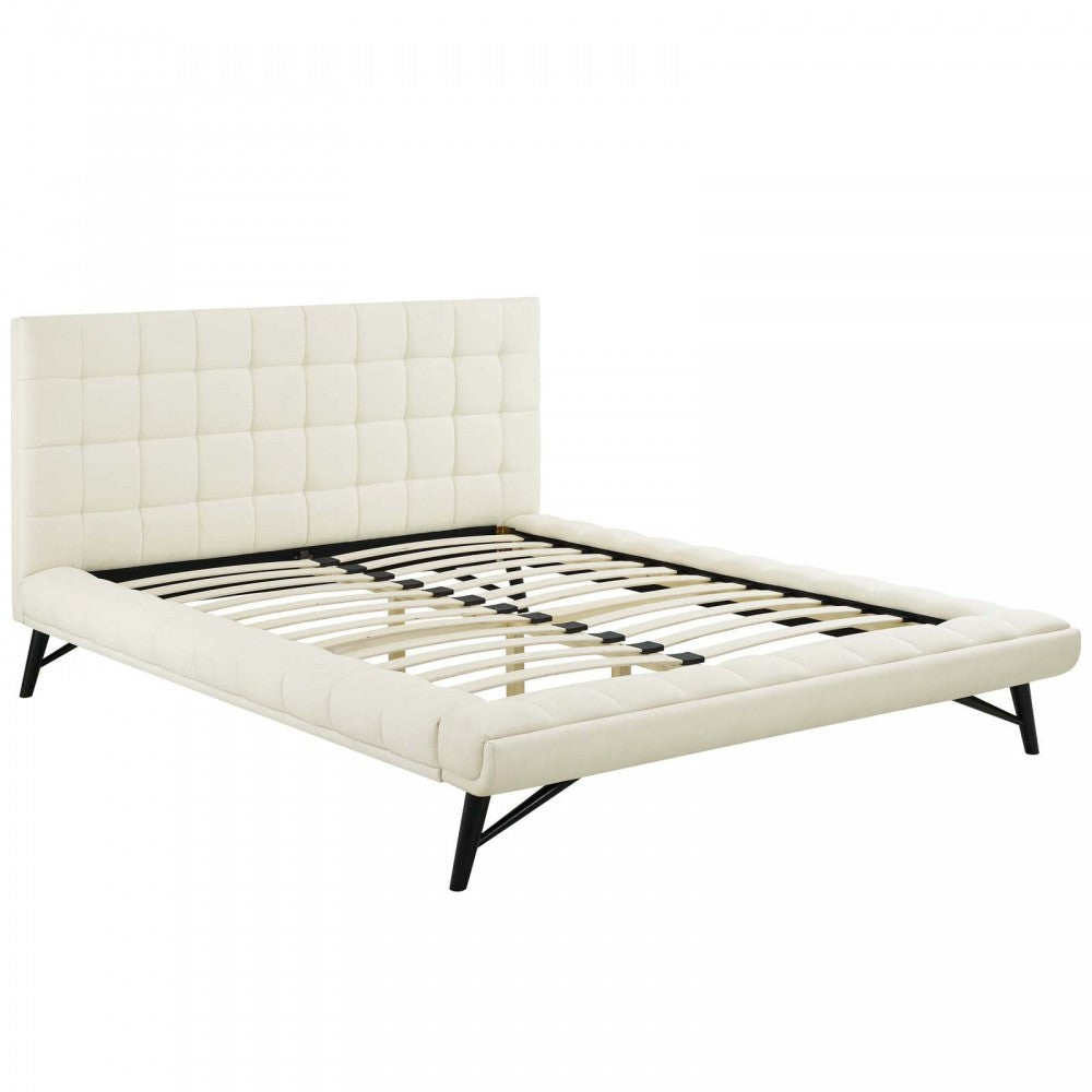 Julia Queen Biscuit Tufted Upholstered Fabric Platform Bed, Ivory