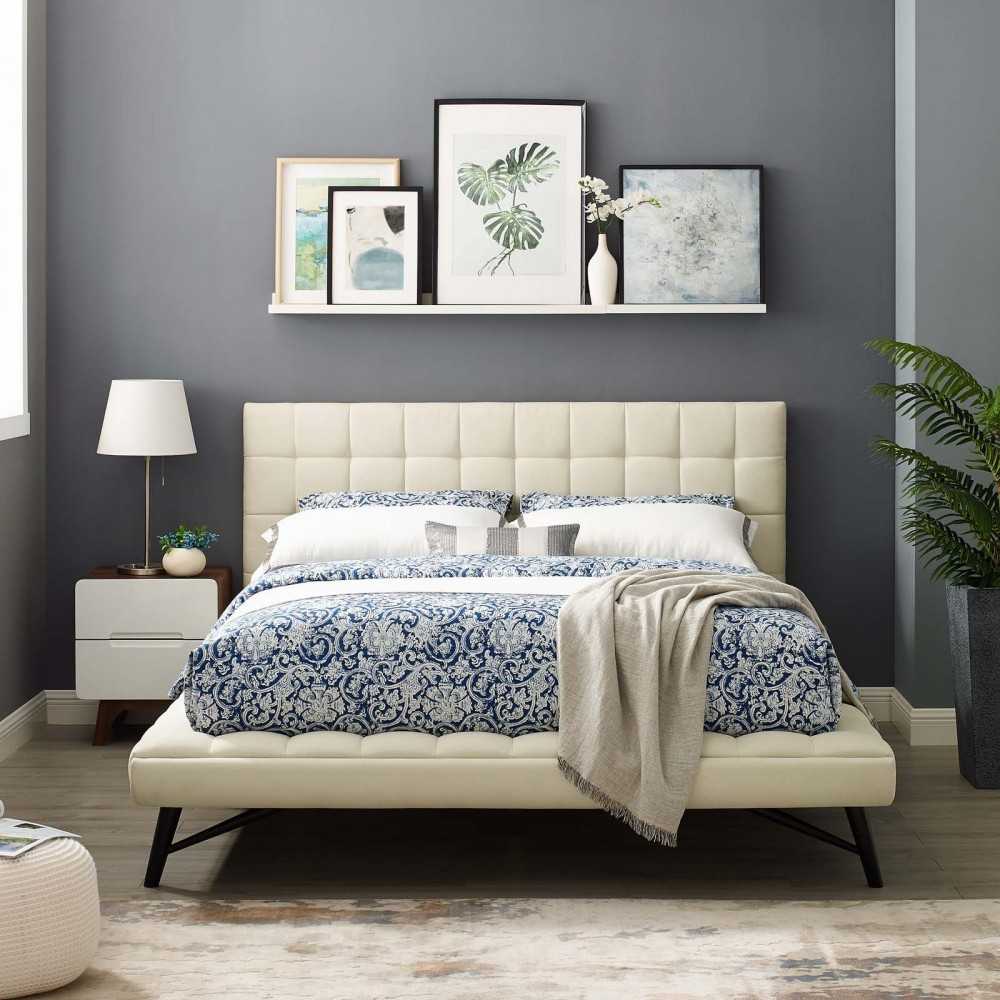 Julia Queen Biscuit Tufted Upholstered Fabric Platform Bed, Ivory
