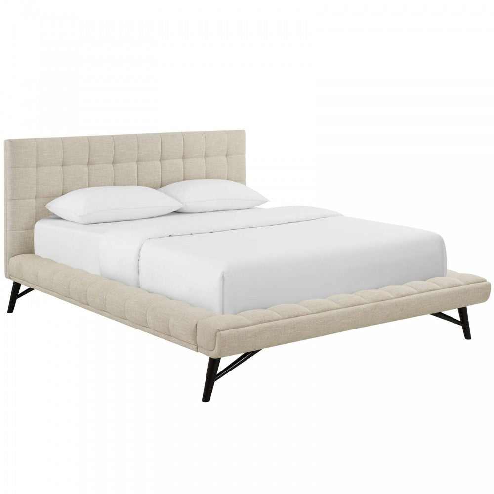 Julia Queen Biscuit Tufted Upholstered Fabric Platform Bed, Beige