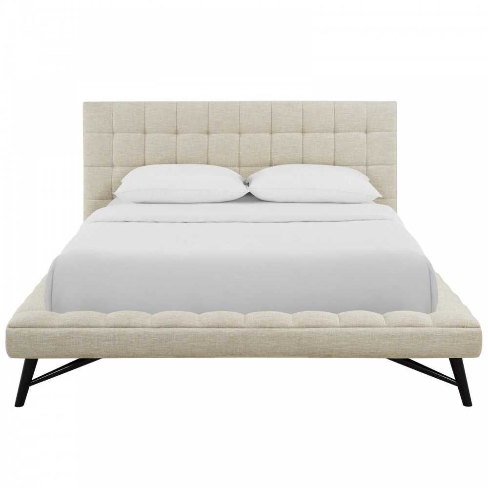 Julia Queen Biscuit Tufted Upholstered Fabric Platform Bed, Beige