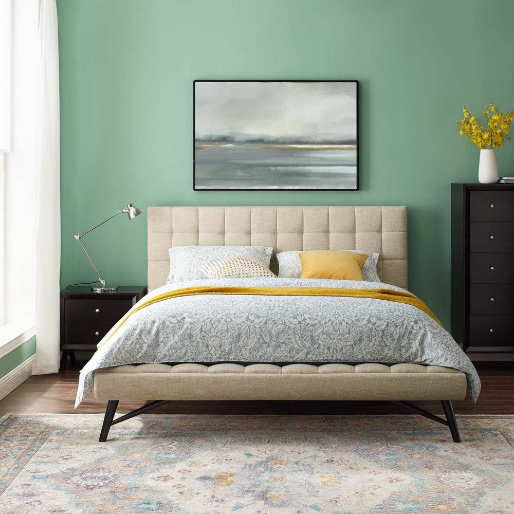 Julia Queen Biscuit Tufted Upholstered Fabric Platform Bed, Beige