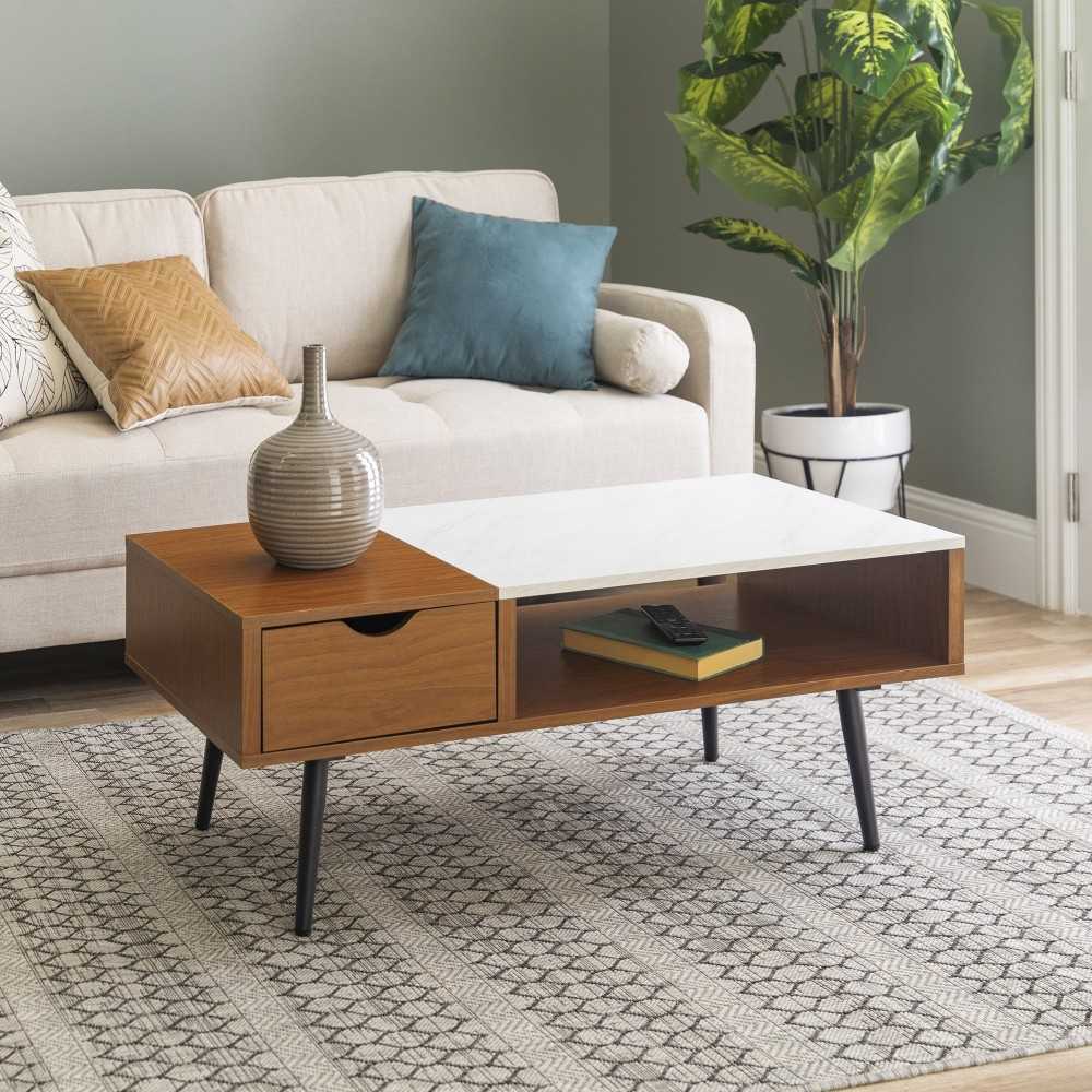 Juniper Mid Century Modern Faux Marble Coffee Table - Pecan