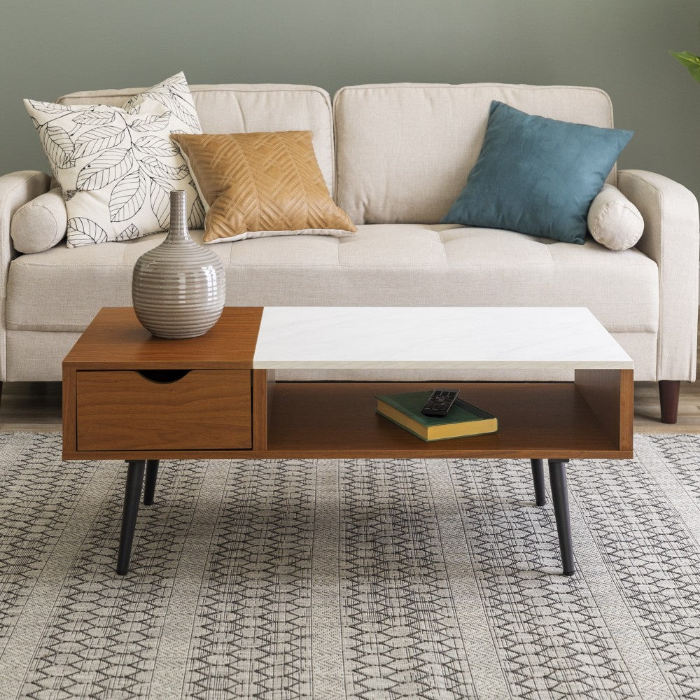 Juniper Mid Century Modern Faux Marble Coffee Table - Pecan