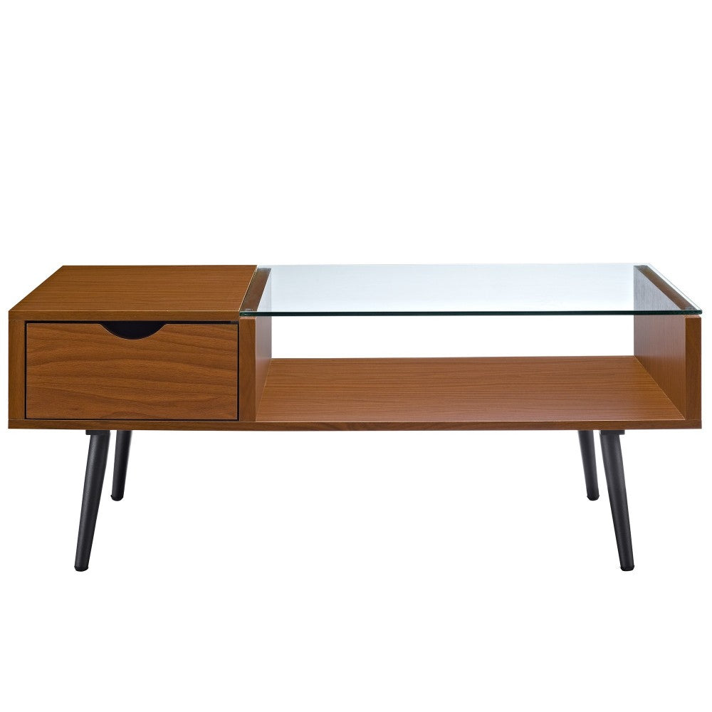 Juniper Mid Century Modern Wood and Glass Coffee Table - Pecan