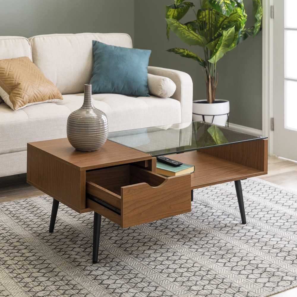 Juniper Mid Century Modern Wood and Glass Coffee Table - Pecan